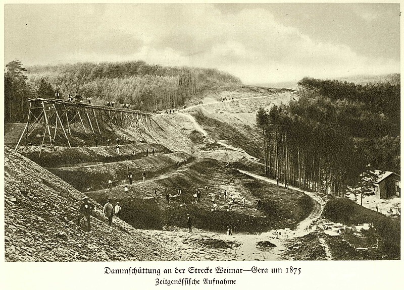 Embankment filling on the Weimar – Gera line about 1875 Historic picture