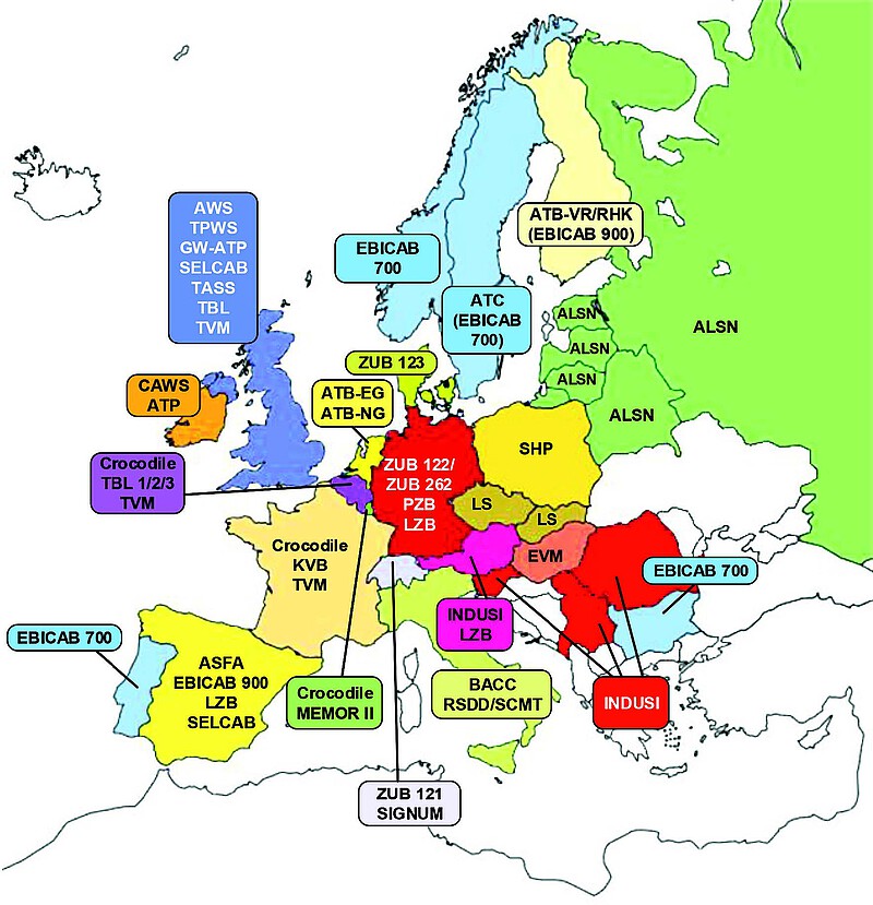 A diagram with a map of Europe, indicating the different train control systems of the countries by colour and by using the corresponding abbreviations. 